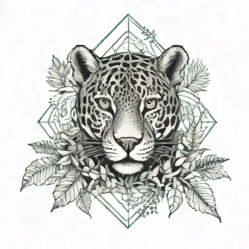 jaguar with dragon with leafs and ferns and birds tattoo design idea