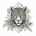 jaguar with dragon with leafs and ferns and birds tattoo design idea