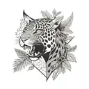 jaguar with dragon with leafs and ferns and birds tattoo design idea