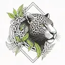 jaguar with dragon with leafs and ferns and birds tattoo design idea