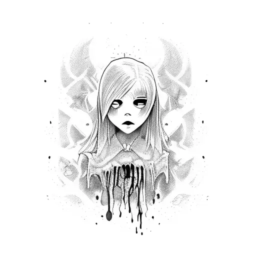 7 years old blonde girl cool creepy bloody onryo tattoo design idea