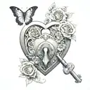 A heart-shaped lock with a keyhole in the center, surrounded by roses and butterflies in a dotwork style tattoo design idea