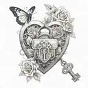 A heart-shaped lock with a keyhole in the center, surrounded by roses and butterflies in a dotwork style tattoo design idea