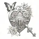 A heart-shaped lock with a keyhole in the center, surrounded by roses and butterflies in a dotwork style tattoo design idea