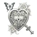 A heart-shaped lock with a keyhole in the center, surrounded by roses and butterflies in a dotwork style tattoo design idea