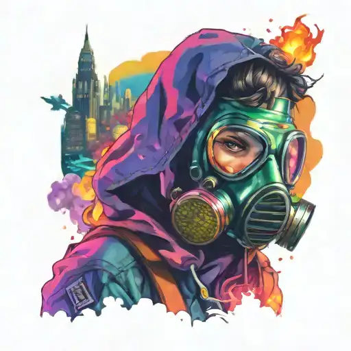 "Girl in a gas mask in bright colorful lighting against the backdrop of a burning city." tattoo design idea