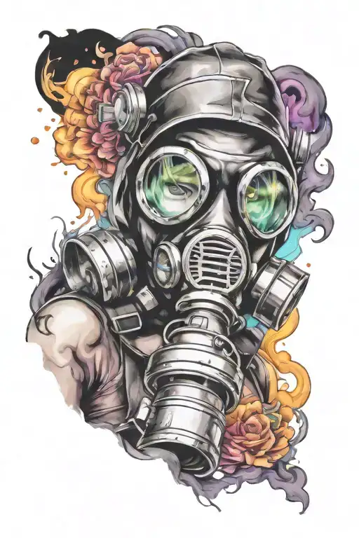 "Girl in a gas mask in bright colorful lighting against the backdrop of a burning city." tattoo design idea