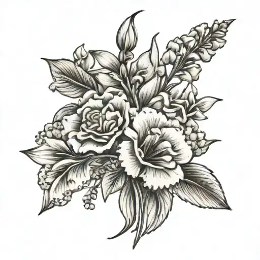 fine line bouquet with carnation, sweet pea, lily, gladiolus tattoo design idea