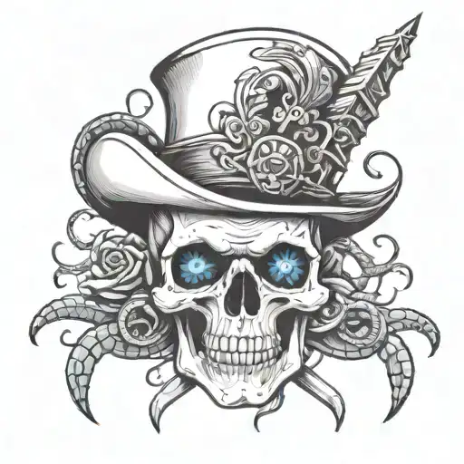British inspired warrior skull with creepy blue eyes and daggers and snakes in the background with a 17th century hat tattoo design idea