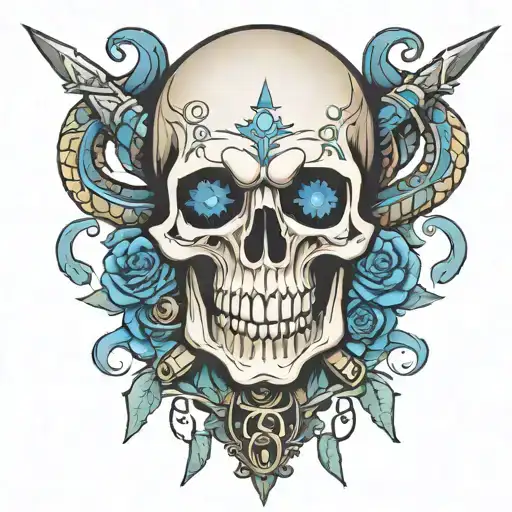 Skull with blue eyes british inspired daggers and snakes tattoo design idea