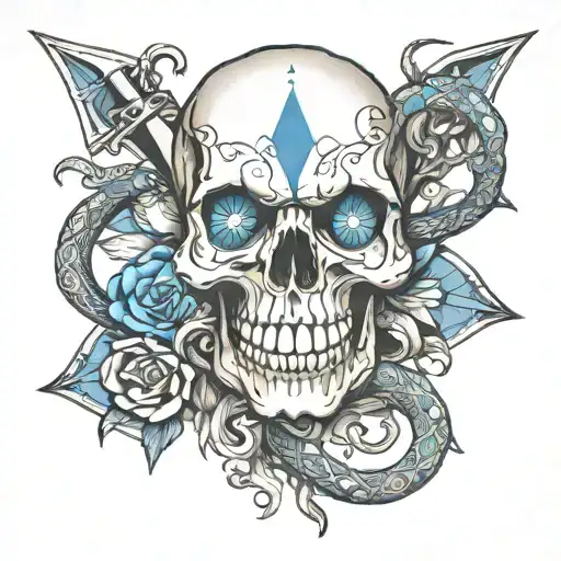 Skull with blue eyes british inspired daggers and snakes tattoo design idea