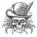 British inspired warrior skull with creepy blue eyes and daggers and snakes in the background with a 17th century hat tattoo design idea