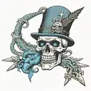 British inspired warrior skull with creepy blue eyes and daggers and snakes in the background with a 17th century hat tattoo design idea