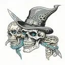British inspired warrior skull with creepy blue eyes and daggers and snakes in the background with a 17th century hat tattoo design idea