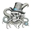 British inspired warrior skull with creepy blue eyes and daggers and snakes in the background with a 17th century hat tattoo design idea