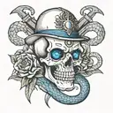 Skull with blue eyes british inspired daggers and snakes tattoo design idea
