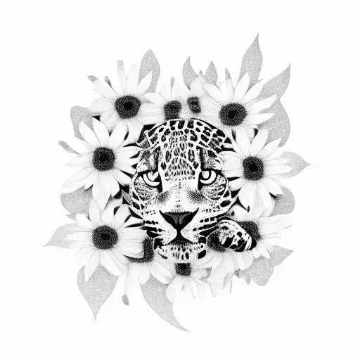 A jaguar silhouette blending into a field of flowers tattoo design idea
