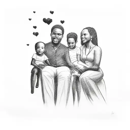 A black and white sketch tattoo of a family portrait with the words 'black love' incorporated, celebrating the importance of family and relationships. tattoo design idea