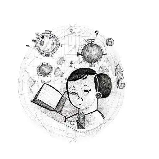 A black and white sketch tattoo of a teacher writing with a pen, surrounded by math equations and symbols. tattoo design idea