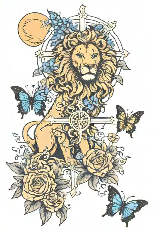 lion, butterfly, sun and moon, cross, flowers intertwined tattoo design idea