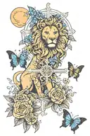 lion, butterfly, sun and moon, cross, flowers intertwined tattoo design idea