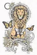 lion, butterfly, sun and moon, cross, flowers intertwined tattoo design idea