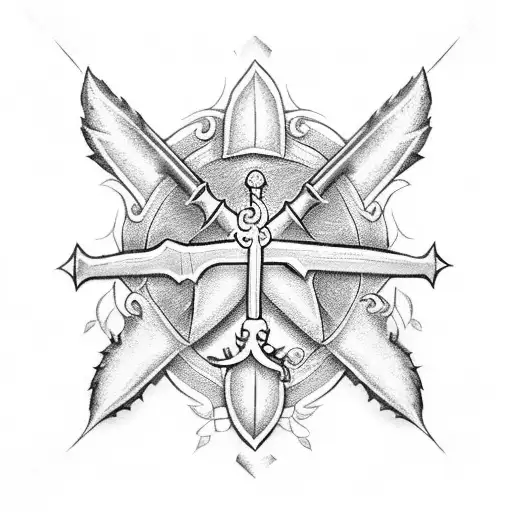 A sword with a leaf Symbol on the handle With a black four leaf clover necklace beat it going down the handle tattoo design idea