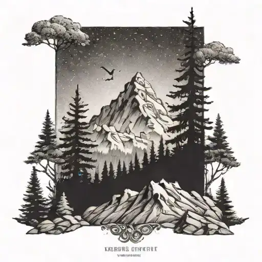 A mountain landscape with a hidden image of the pagan god of the hunt, incorporating the client's passion for hiking, in a dotwork style tattoo design idea