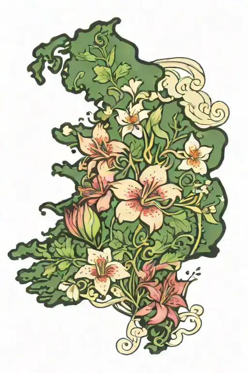 map of Ireland with a Lilly flower  tattoo design idea