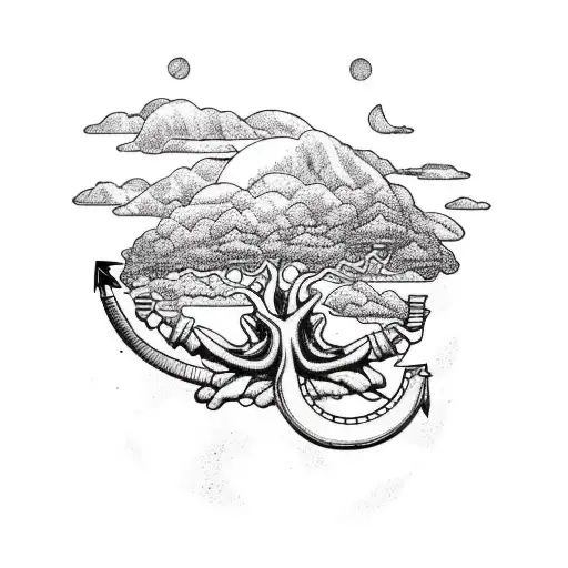 Create an arm sleeve tattoo with a sailing ship, a old convertible volkswagen beetle under a bonzai tree tattoo design idea