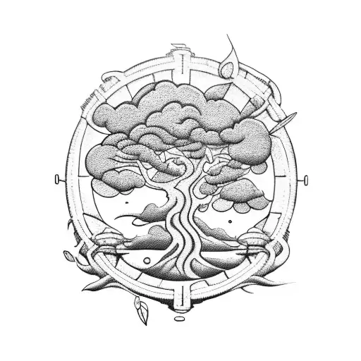 Create an arm sleeve tattoo with a sailing ship, a old convertible volkswagen beetle under a bonzai tree tattoo design idea