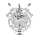 Create an arm sleeve tattoo with a sailing ship, a old convertible volkswagen beetle under a bonzai tree tattoo design idea