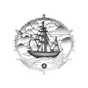 Create an arm sleeve tattoo with a sailing ship, a old convertible volkswagen beetle under a bonzai tree tattoo design idea