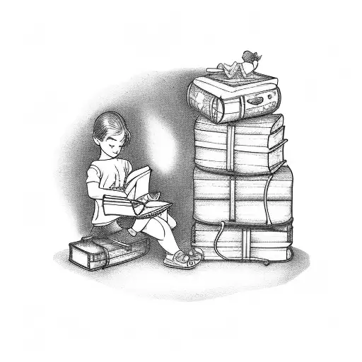 A whimsical tattoo of a child reading a book while sitting on a stack of vintage suitcases, in dotwork style. tattoo design idea