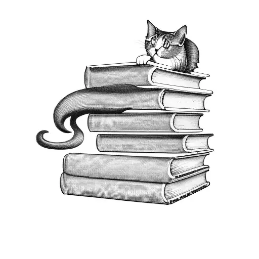 A vintage-inspired tattoo of a bookshelf filled with books and a cat curled up on top, in blackwork style. tattoo design idea