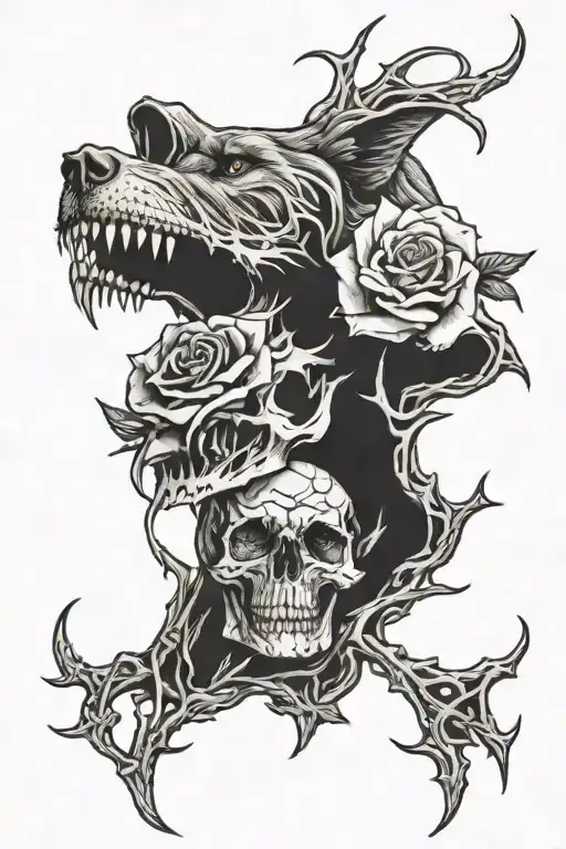 Rose with thorns intertwined with skull a lone wolf howling tattoo design idea