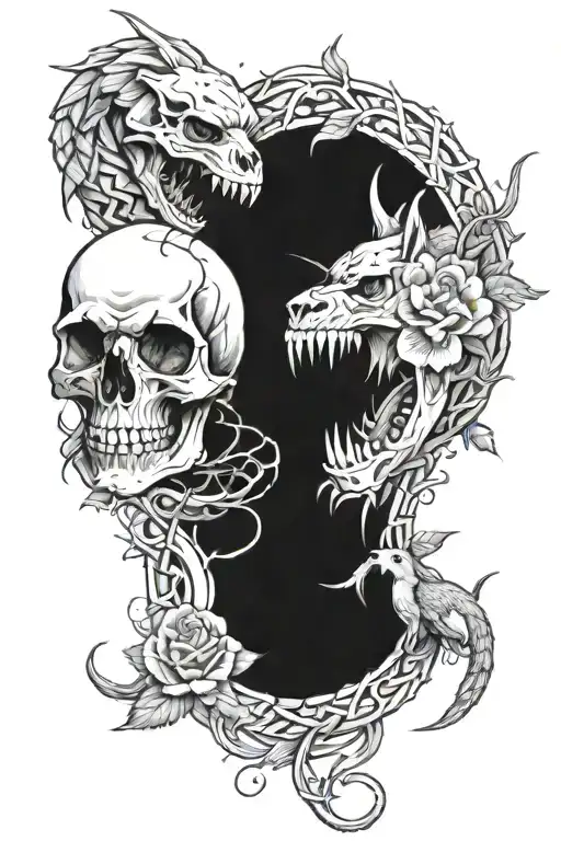 skull and rose with thorns snake and wolf looking forward  tattoo design idea