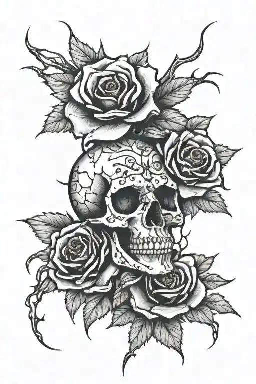 Rose with thorns intertwined with skull  tattoo design idea