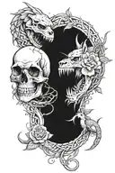 skull and rose with thorns snake and wolf looking forward  tattoo design idea