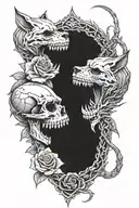 skull and rose with thorns snake and wolf looking forward  tattoo design idea