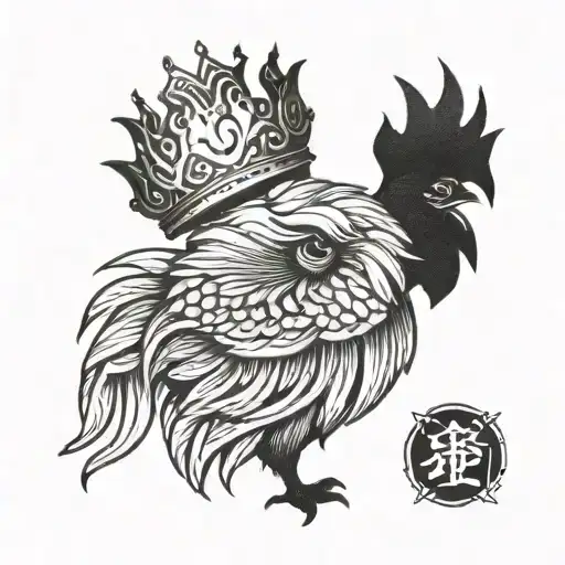 a rooster wearing a crown made entirely black human tattoo design idea