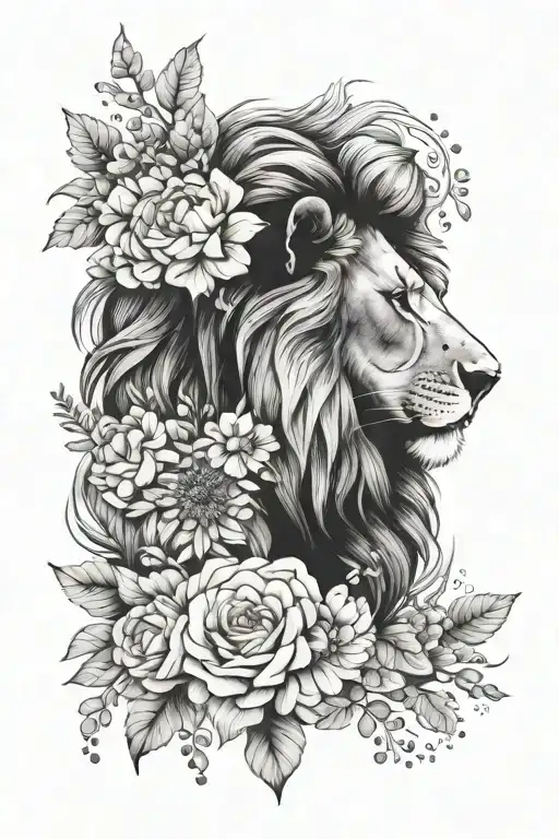 lion head, flowers, dot work elements tattoo design idea