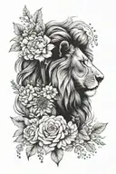 lion head, flowers, dot work elements tattoo design idea