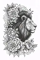 lion head, flowers, dot work elements tattoo design idea