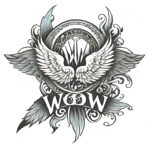 angel wings with wow written across tattoo design idea