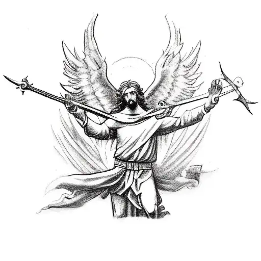 A sketch-style tattoo of St Michael protecting a family while holding an airborne symbol tattoo design idea