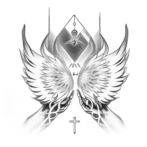 A dotwork tattoo of St Michael's wings forming the hands of a watch, with airborne symbols as hour markers tattoo design idea