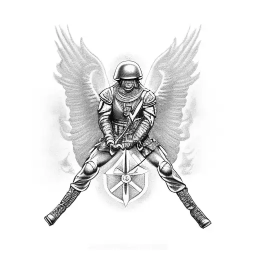 A black-grey tattoo of a soldier airborne with St Michael's sword as a watch hand tattoo design idea