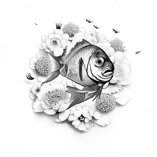 fish hidden among flowers design minimal in black and white tattoo design idea
