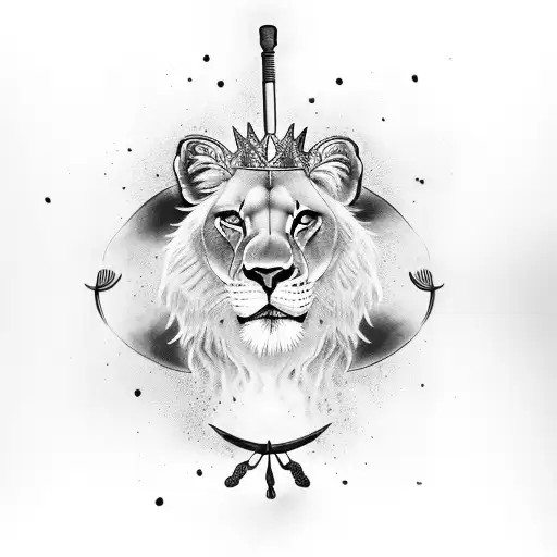 A fierce lioness with a crown, holding a staff in one paw and a pool cue in the other tattoo design idea